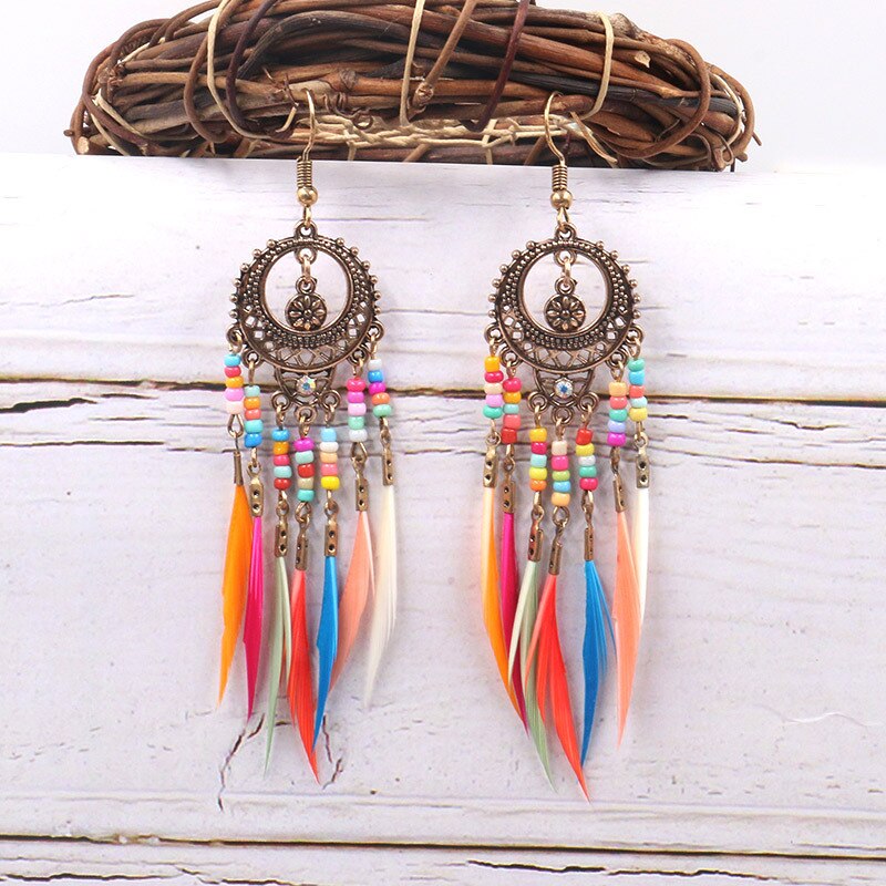 Tribal Etnische Dream Catcher Oorbellen Imitatie Veer Kwastje Overdreven Persoonlijkheid Oorbellen Bohemian Stijl Dames Sieraden