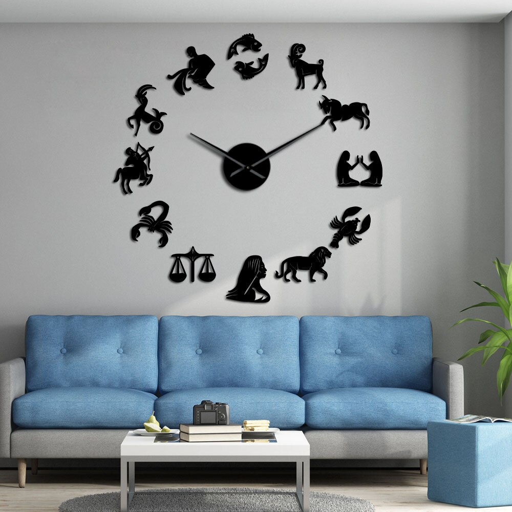 Zodiac Signs Wall Art Stickers Giant DIY Frameless Wall Clock Constellation Astrology Hanging Clock Watch Home Decor Fans