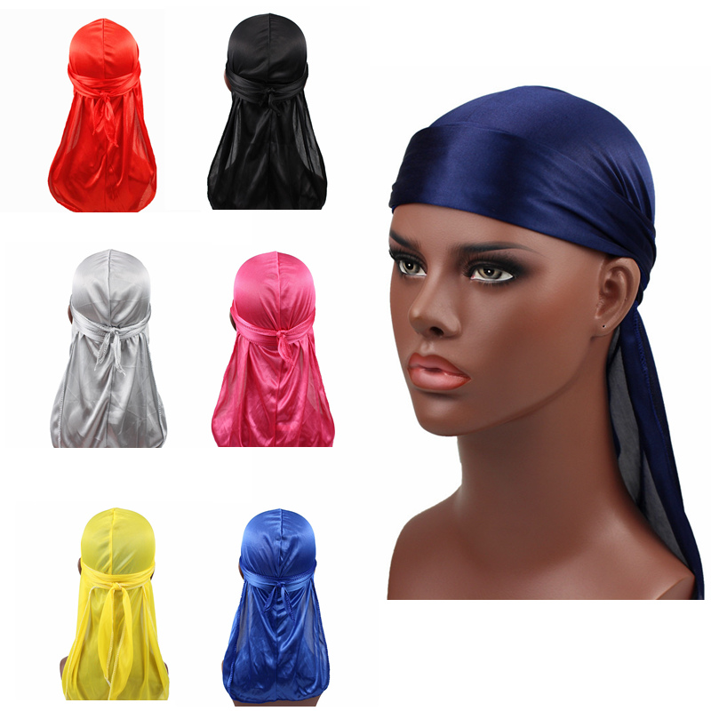 Unisex Women Men Silk Durag Turban Hat Wigs Biker Headwear Headband Hair Accessories Long Tail Straps Bandanas Silky Durags
