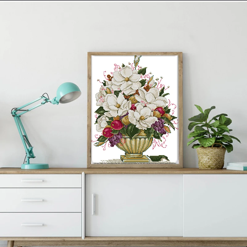 Kit Punto de Cruz Joy Sunday - Patrón Florero Escénico - Tela Algodón Impresa 14CT - Pintura Decoración Hogar