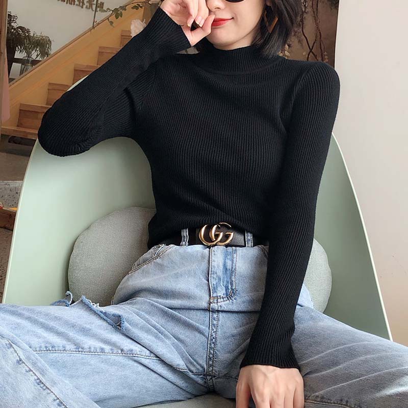 Hiver tricot pull pulls femmes à manches longues hauts col roulé tricoté pull Chic femme vêtements femme décontracté Streetwear: Black