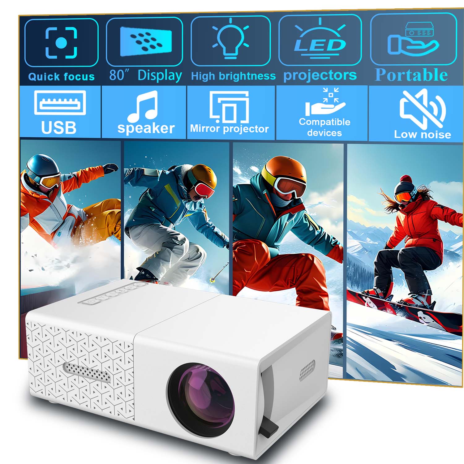 Projector Ultra Slim, HDMI USB Interfaces, Built-in Speaker, EU/US Plug Selection, Space-saving for Office: US Plug
