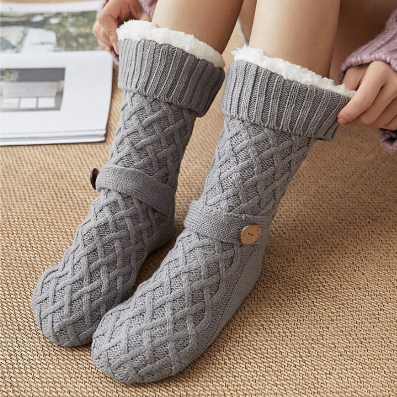 Hiver tricoté femmes chaussettes femmes impression de noël anti-dérapant moelleux corail polaire bouton Tube velours femme chaussettes