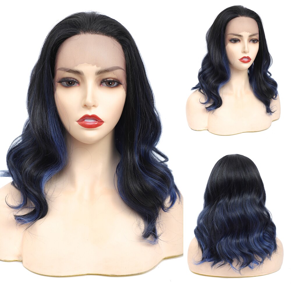 X-TRESS Dark Brown Lace Front Wig Medium Length Synthetic Wavy Wigs for Black Women Free Part Lace Wigs with Natural Hairline: BLUE DENIM