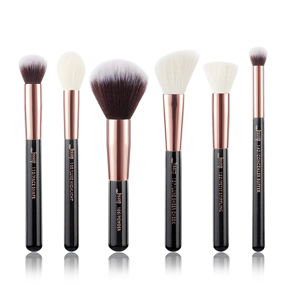 Jessup-Juego de brochas de maquillaje , kit de pinceles de color negro/plateado, herramientas de pintura, pulidor, resaltador de mejillas, pelo natural-sintético: G3-T164-6PCS