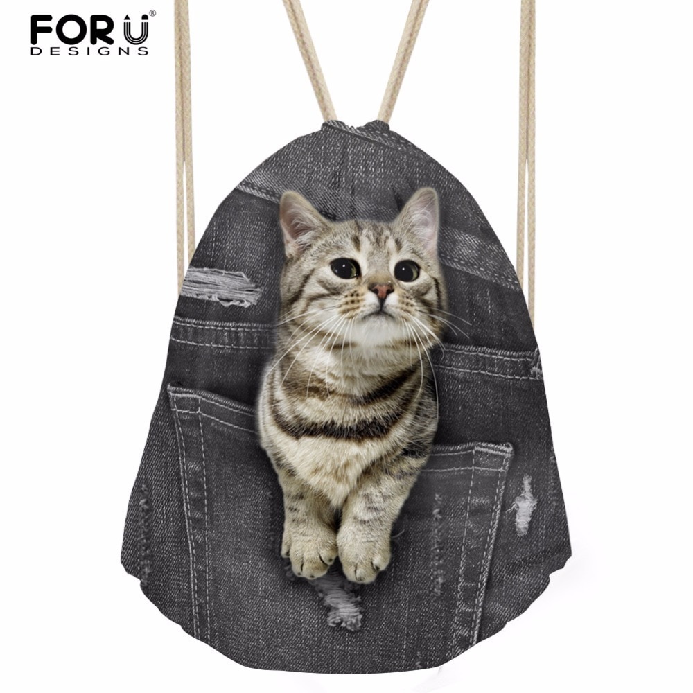 FORUDESIGNS Kleine Frauen Kordelzug Nette 3D Cowboy Haustier Katze Hund freundlicher Schule Rucksack Männer Tasche Mochila mujer