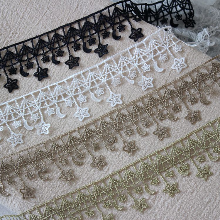 Ruban étoile en dentelle brodée, 1m, blanc, noir, or, garniture à franges, accessoires de couture