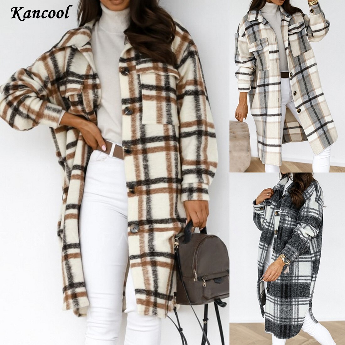 Kancool Gecontroleerd Vrouwen Jas Down Overjas Warme Plaid Lange Knop Revers Jas Oversized Dikke Wollen Blend Vrouwelijke Streetwear