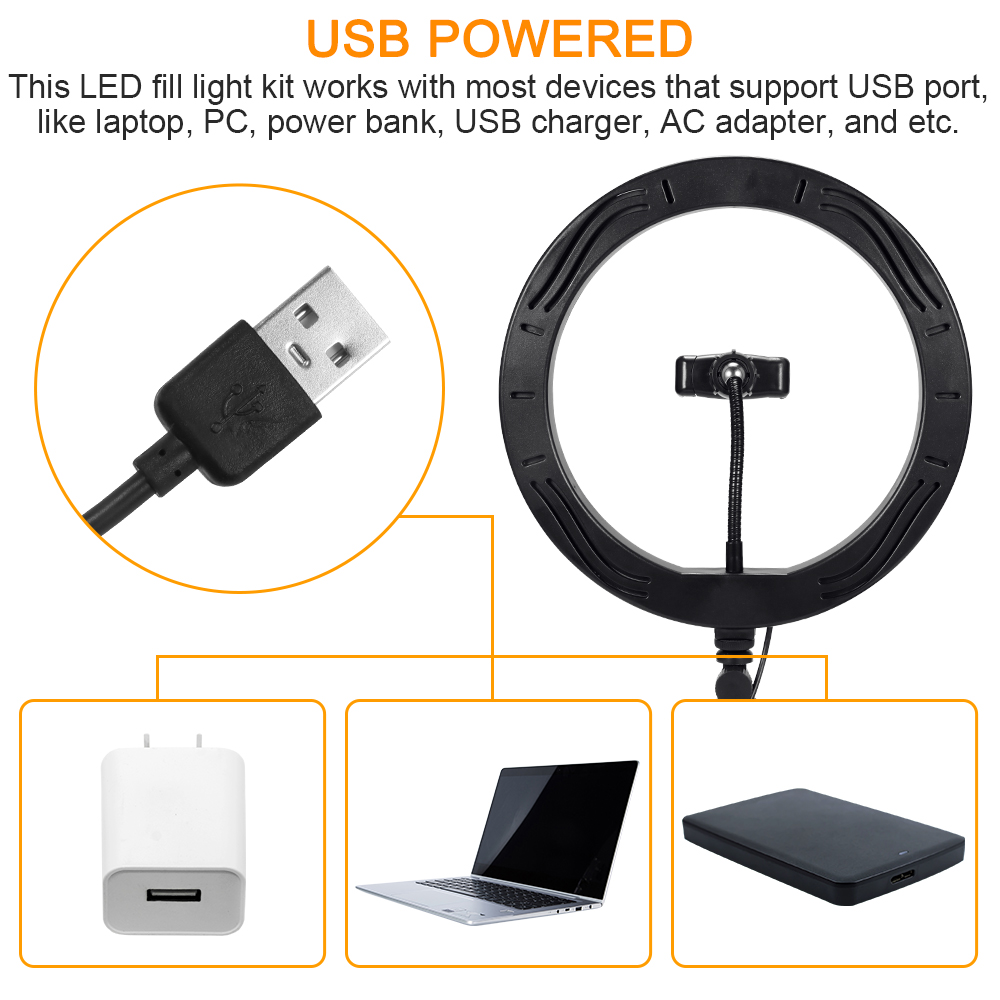 LED Ring Fill Light with Tripod Stand USB Powered Dimmable and Adjustable ring light & Retractable Tripod for most mobilephones