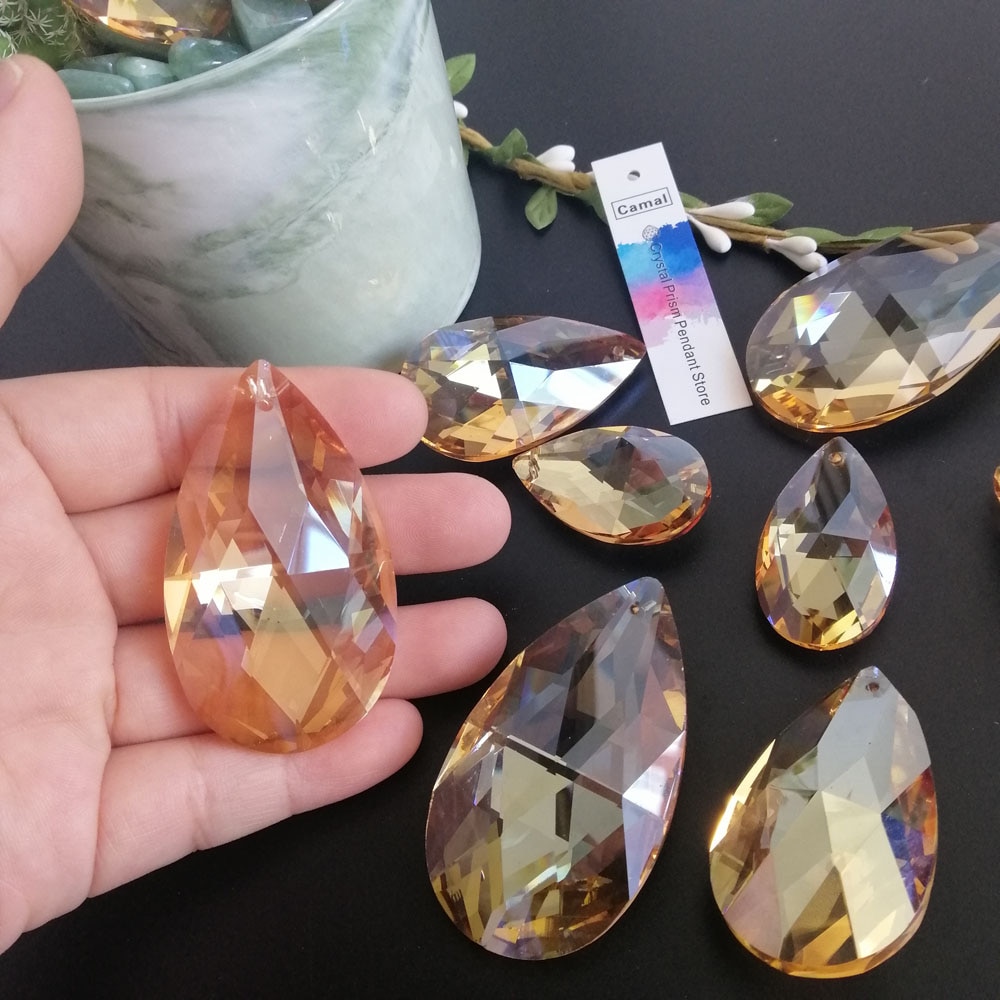 Camal 2 stücke Gold Champagner 38/50/60mm Netz Kristall Anhänger Lampe Prismen Kronleuchter SunCatcher Beleuchtung Teile hängen Wohnkultur