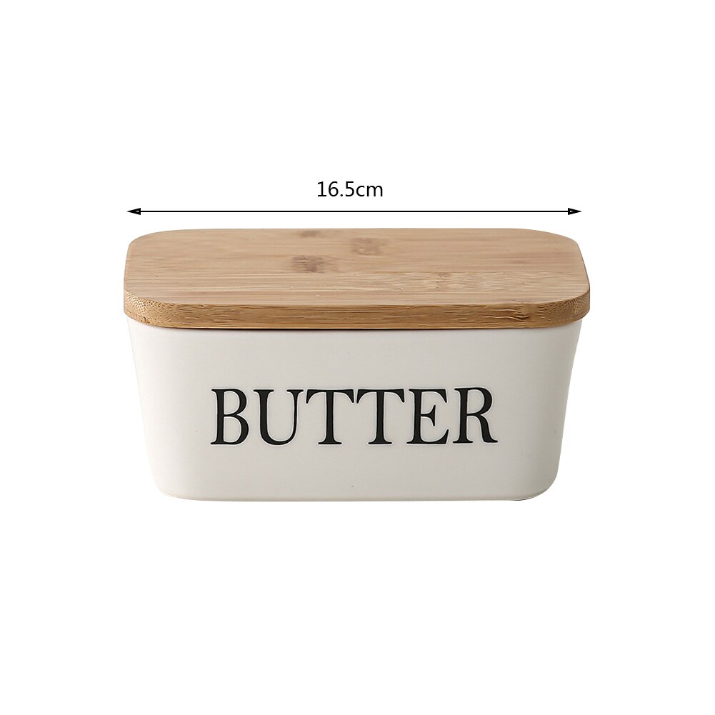 Nordic Butter Sealing Box,Ceramic Butter Plate with Wood Lid and Knife,Cheese Storage Tray Butter Dish Container Box, White