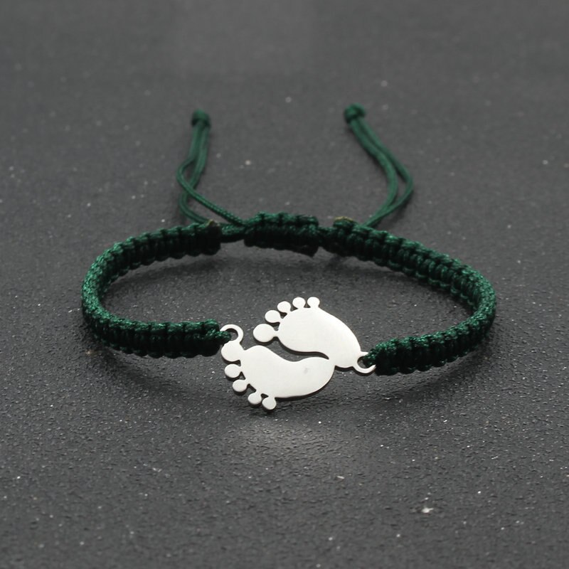 Bransoletka amulet ze stali nierdzewnej para urocza mała stopa szczęście czerwona nić plecione bransoletki i Bangles dla kobiet mężczyzn biżuteria mankiet: Dark green