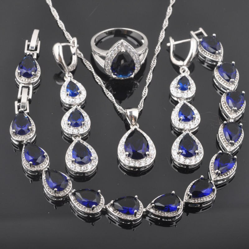 Zilverkleurige blauwe zirkonia water voor dames sieraden sets armband ketting hanger oorbellen ring  qs0180