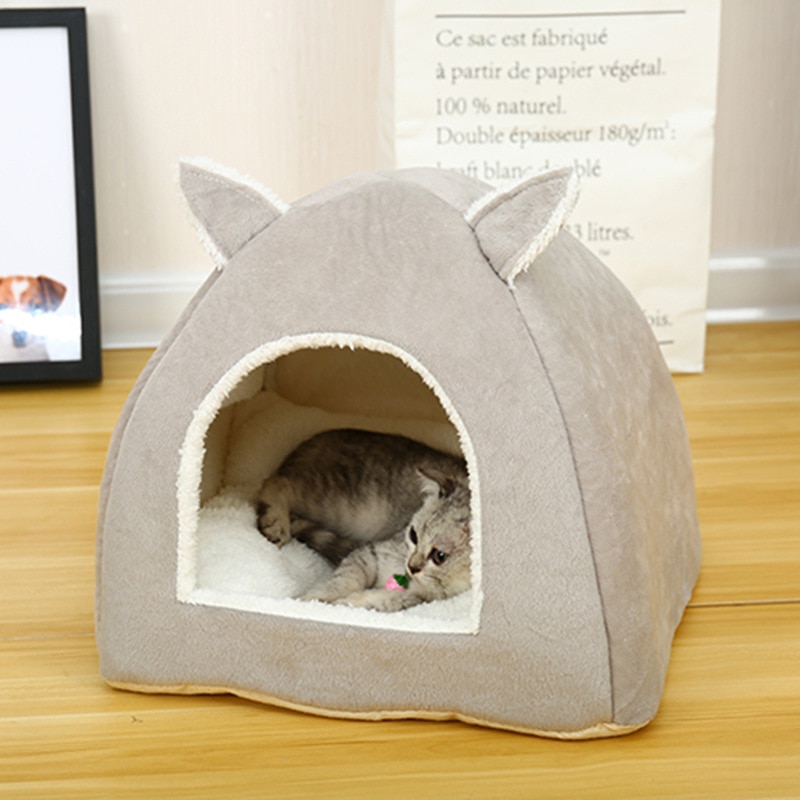 Aftagelige vaskbare katte reden kuld hvalpe kennel kanin kattehus med et hul varmt blødt kæledyr senge telt: Grå / S  (29 x 29 x 29cm)