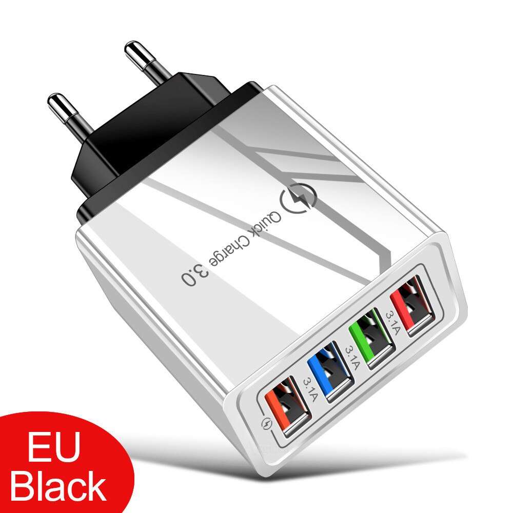 3A 4 USB Color Phone Wall Charger UK Plug AC 100-240V Fast Charging Phone Charger For Xiaomi Samsung iPhone X XR XS 11 11ProMAX: Black EU Plug