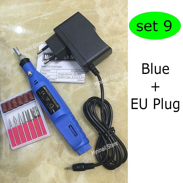 Mini nagelboorset met 6 bits, elektrische boormachines, manicure, stylingtool, pedicure, vijlen, vormgeven, voetverzorgingsproduct: Blauw - eu-stekker