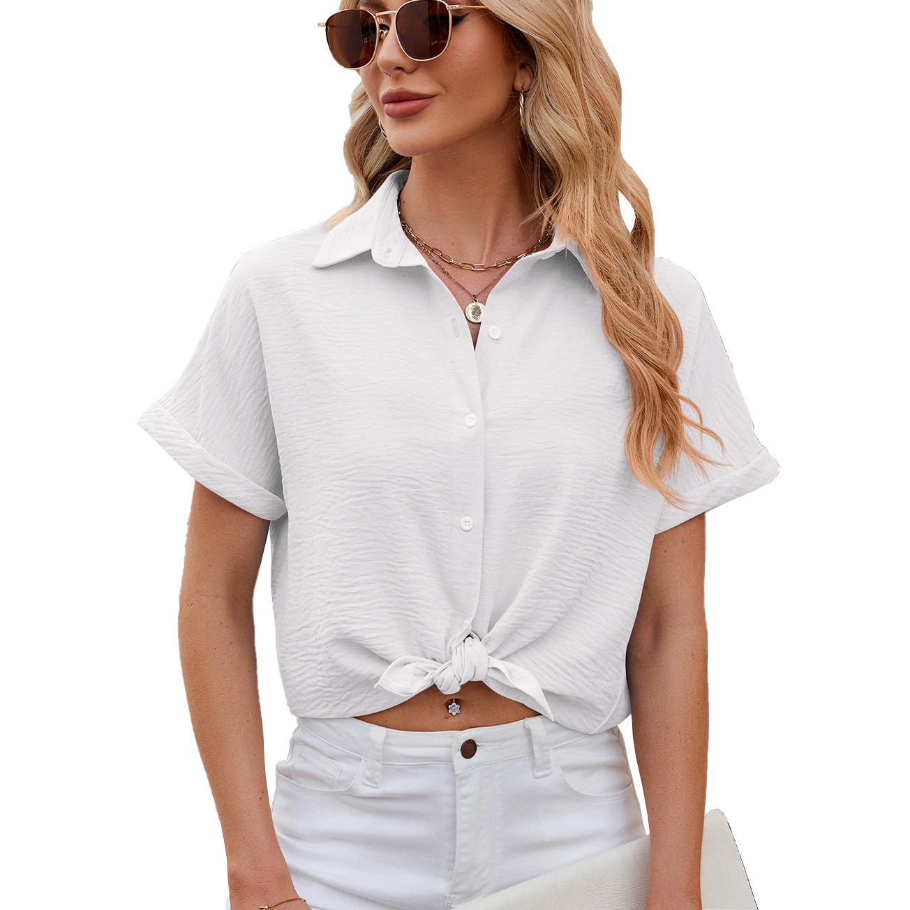 
Summer Women camisas Casual Office Loose Shirt Short Sleeve Lapel Button Down Shirt Solid Color camisas de mujer﻿: S / WHITE