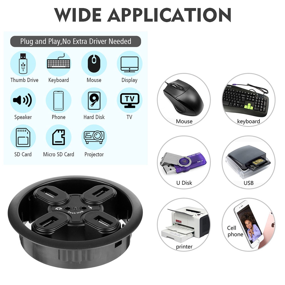 USB HUB Mount In Desk HUBs USB 2.0 HUB With 4 Port USB2.0 Headphone/Mircophone Jack For Deskpot PC/Tablet USB 2.0 Splitter