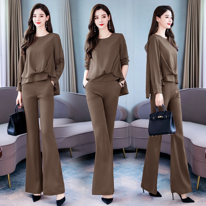 Autumn Spring style office lady long sleeve loose shirt blouse tops and long pants trousers suit female two pieces sets