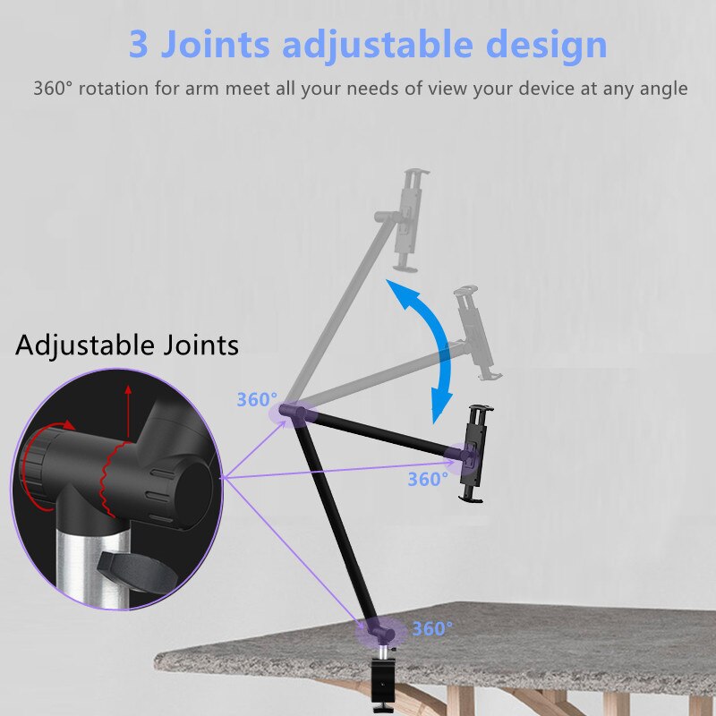 Long Arm Tablet Stand Adjustable Aluminum Tablet Phone Holder Loading Up to 3KG Desk/Bed Bracket for iPhone iPad Pro 4-12.9‘’