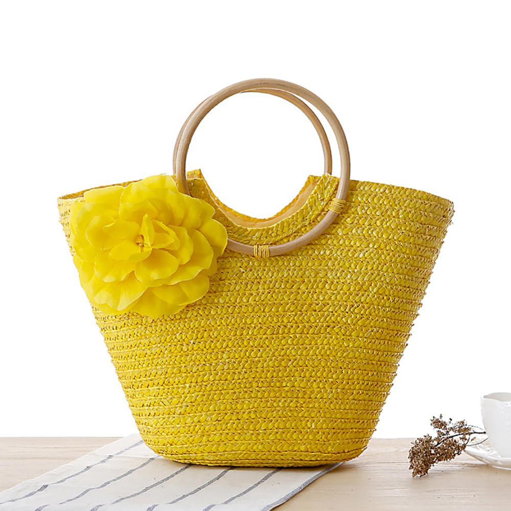 Reine Hand-woven Tasche Mit Blume Rattan Gewebt Griff Lagerung Paket Taschen Natürliche Armbänder Taschen Für Frauen