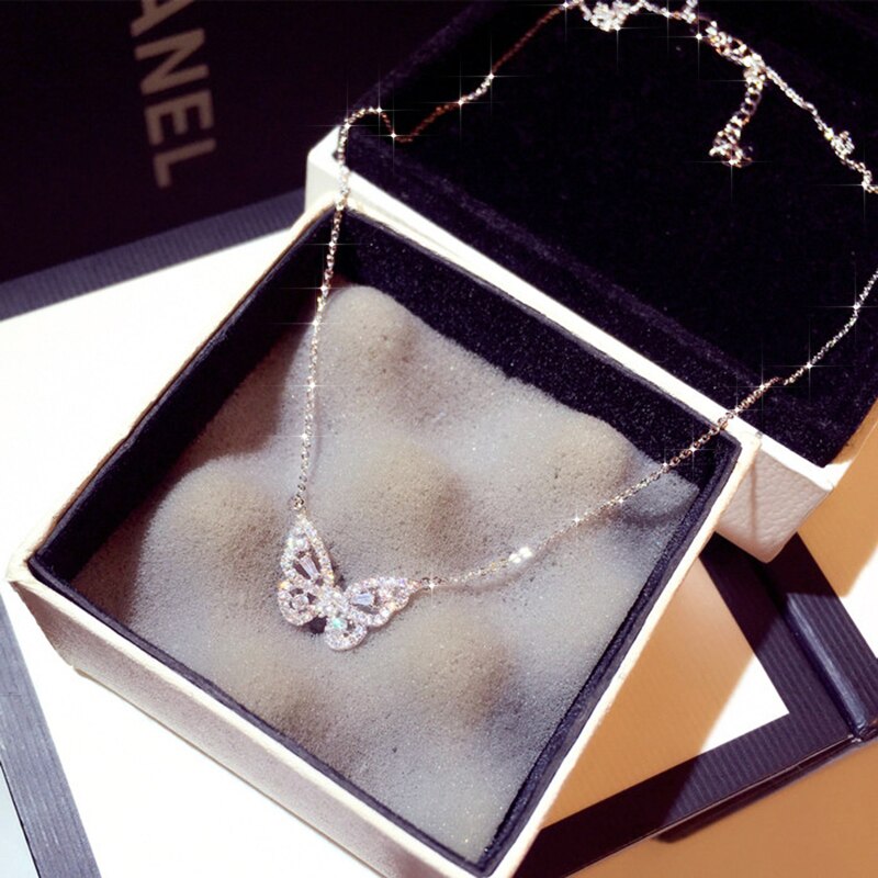 Ins luksus sommerfugl halskæde til kvinder romantisk bling cubic zircon krave delikat kolye smykker vedhæng: Stil b-sølv
