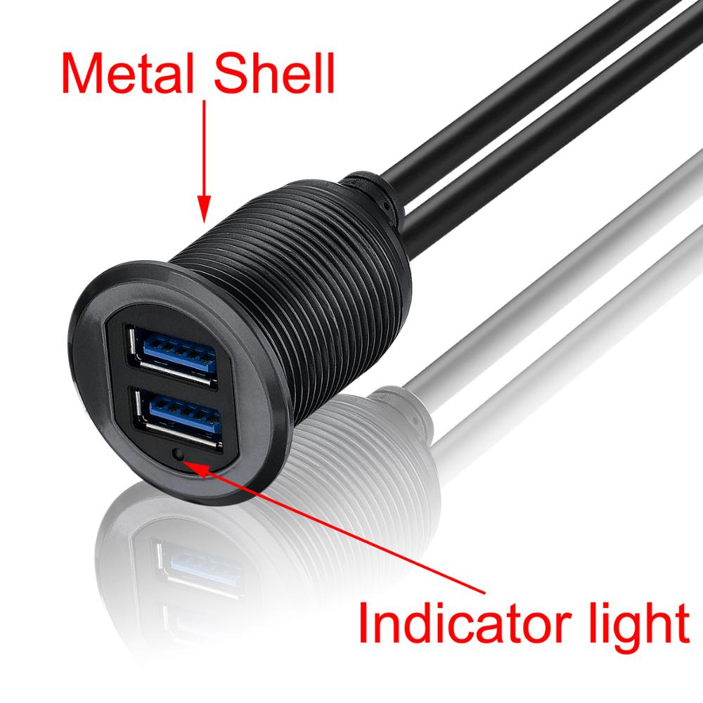 Bochara Inbouw Panel Dual Usb Male Verlengkabel Met Indicator Licht Voor Auto Truck Boot Motorfiets