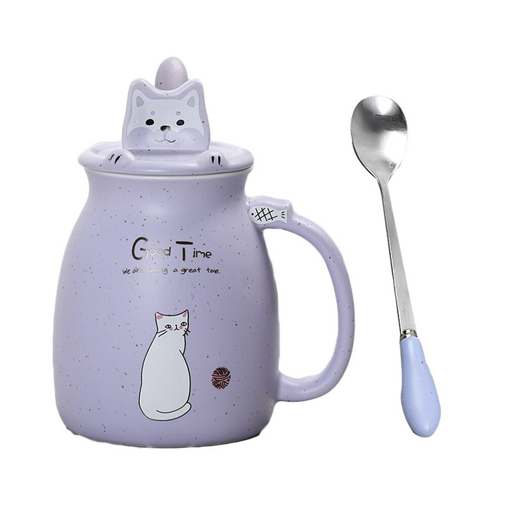 420ml Cute Cat Mugs With Spoon Coffee Tea Cups With Handle Resistant Mok Cup Set For Drinking Color Heat Resistant: purple with lid