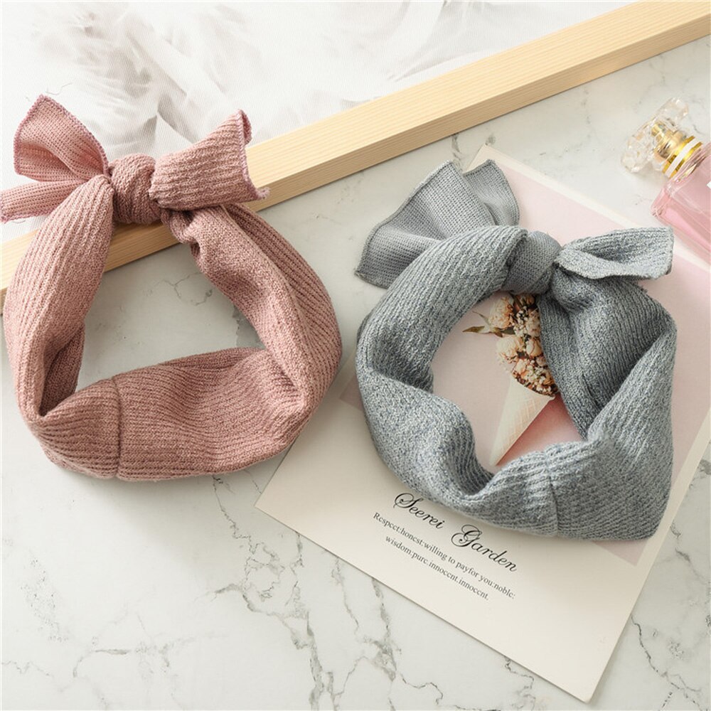 1 Pcs Sweet Baby Bow Knitted Headband Wide Soft Solid Color Crochet Headwrap Elastic Hairband Tiara Winter