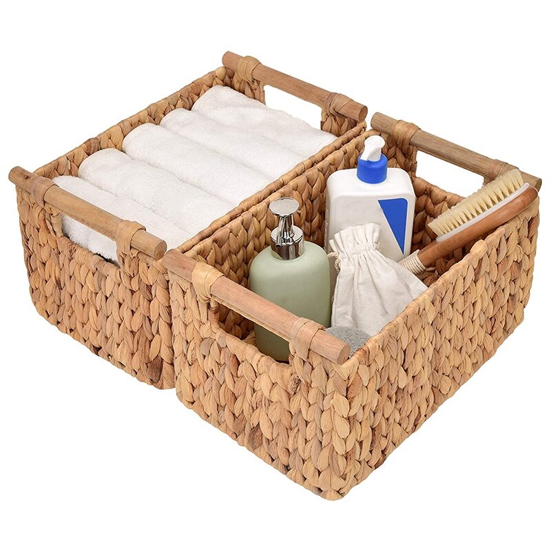 Hand-Woven Jumbo Storage Baskets with Wooden Handles, Water Hyacinth Wicker Baskets for Organizing, 2-Pack