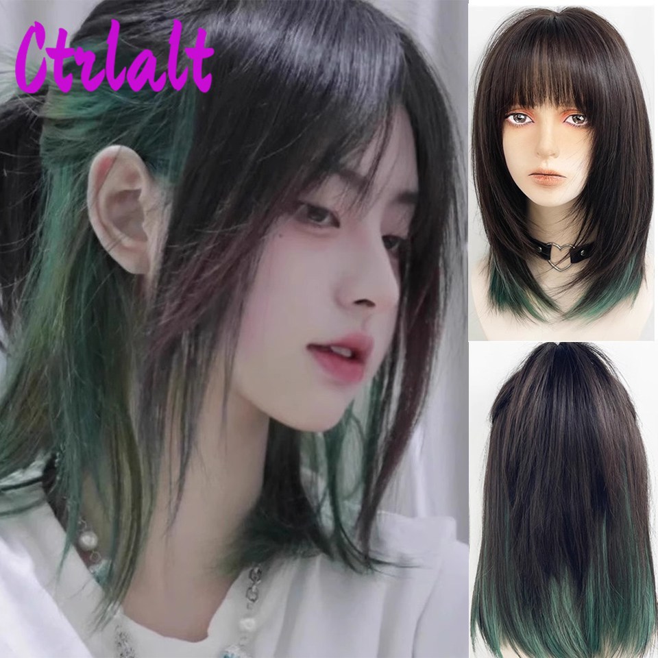 Pelucas de pelo Natural sintético en capas para mujer, color negro y marrón, ondulado, para uso diario, con flequillo de cortina, resistente al calor