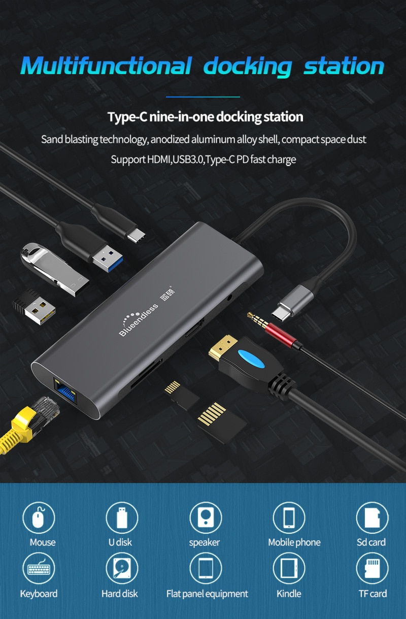 sottile USB C centro 9 in 1 TypeC a 3.0 HDMI TF LAN PD USB centro Adattatore per Macbook ek