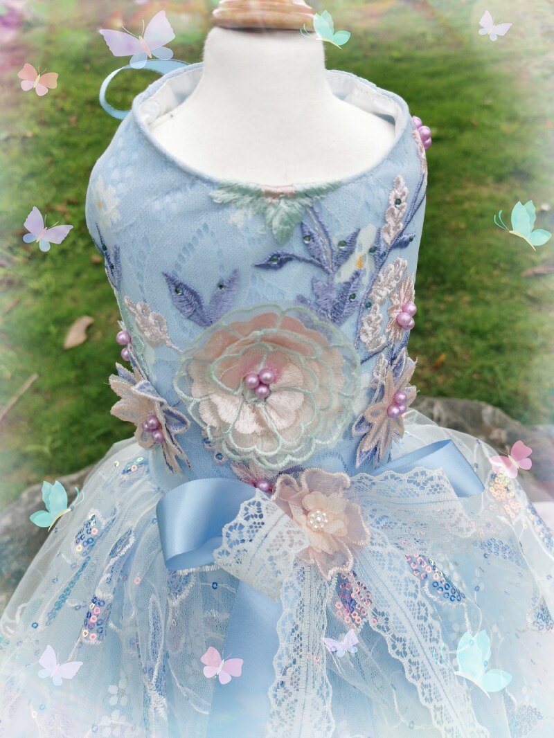 Hond Zomer Jurken Luxe Handgemaakte Blauw Kant Daisy Geborduurd Puppy Hond Prinses Meisje Tailing Jurk Huisdier Kleding Outfits