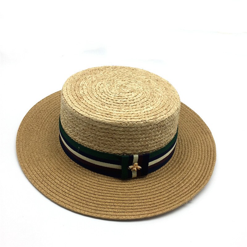 Meisjes Natuurlijke Raffia Floppy Strooien Hoed Gestreepte Band Platte Rand Zomer Schipperhoed Vrouwen Raffia Schipper Strand Strooien Hoed: Dark natural