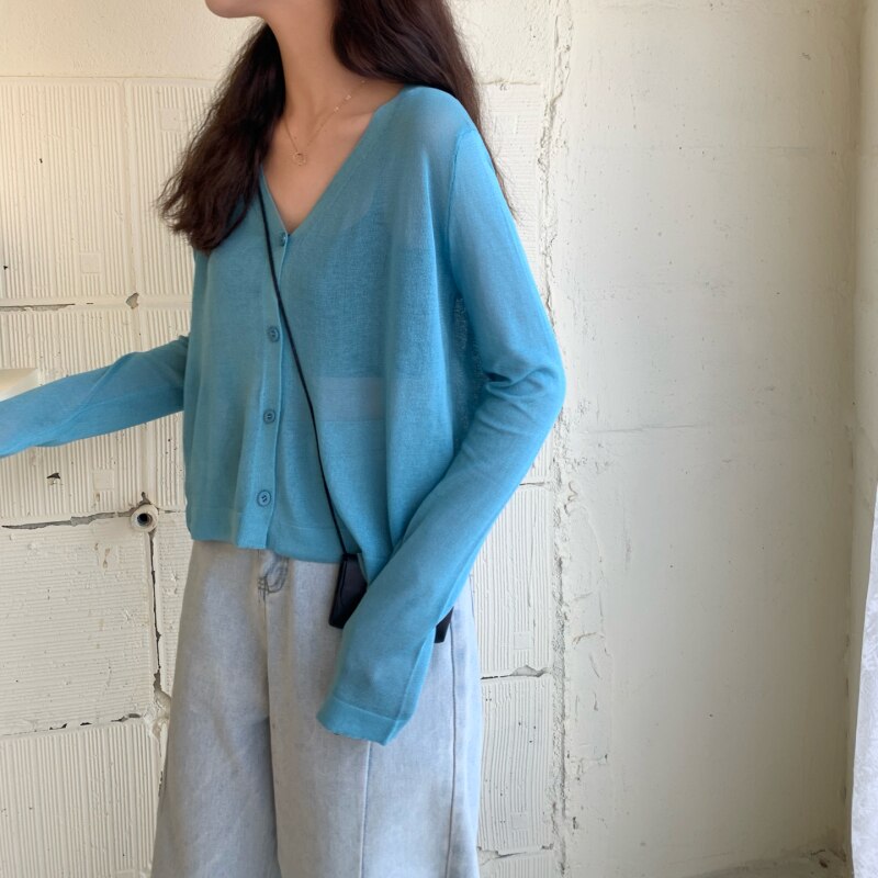 Summer Female Knit Thin Cardigan Sweater Coat Female Knitted Summer Full Sleeve Outwear Jacket Women: Blue