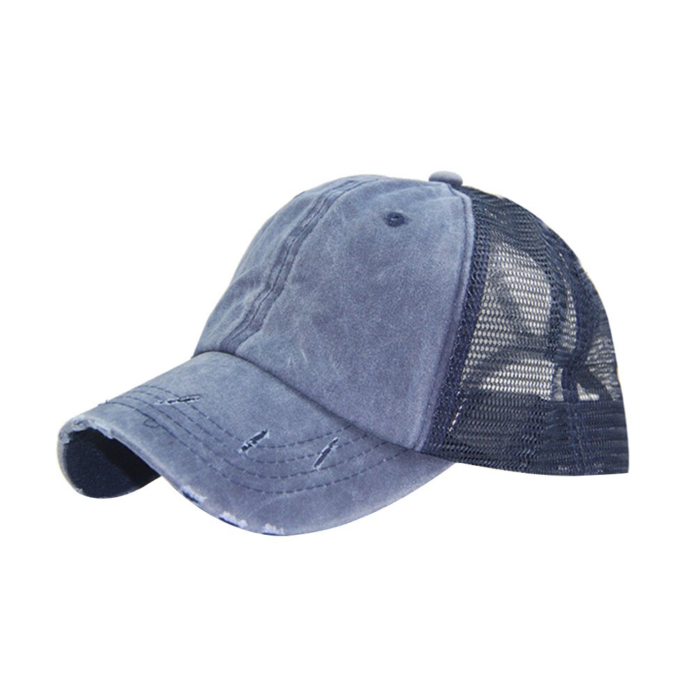 Kvinder flået anti uv mesh hestehale hat justerbar åndbar sport baseball cap: Marine blå