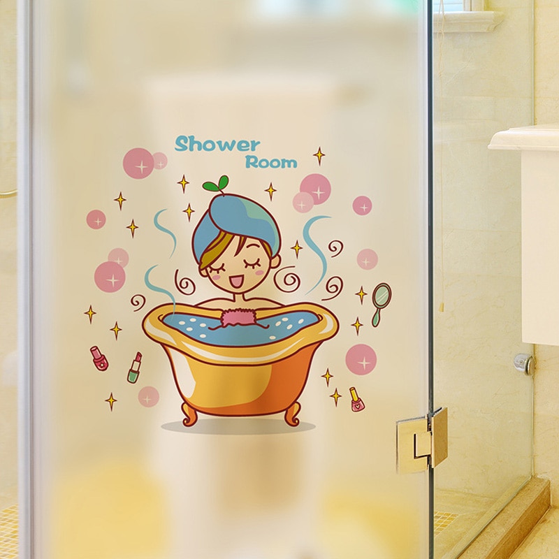 Mooie meisje in het bad Glazen Deur Muur Sticker Douche Waterdichte badkamer Home Decoratie Art Decals Stickers behang