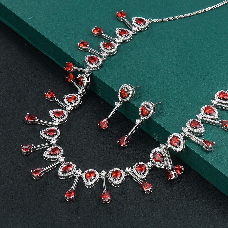 WEIMANJINGDIAN, novedad, exquisito collar y pendientes de cristal rojo Granada de circonia cúbica CZ, conjunto de joyería nupcial para boda