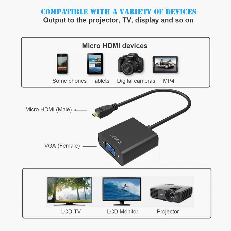 Micro HDMI Input to VGA Output Female Video Cable Converter Adapter miniature HDMI to VGA for digital camera MP4 to HDTV