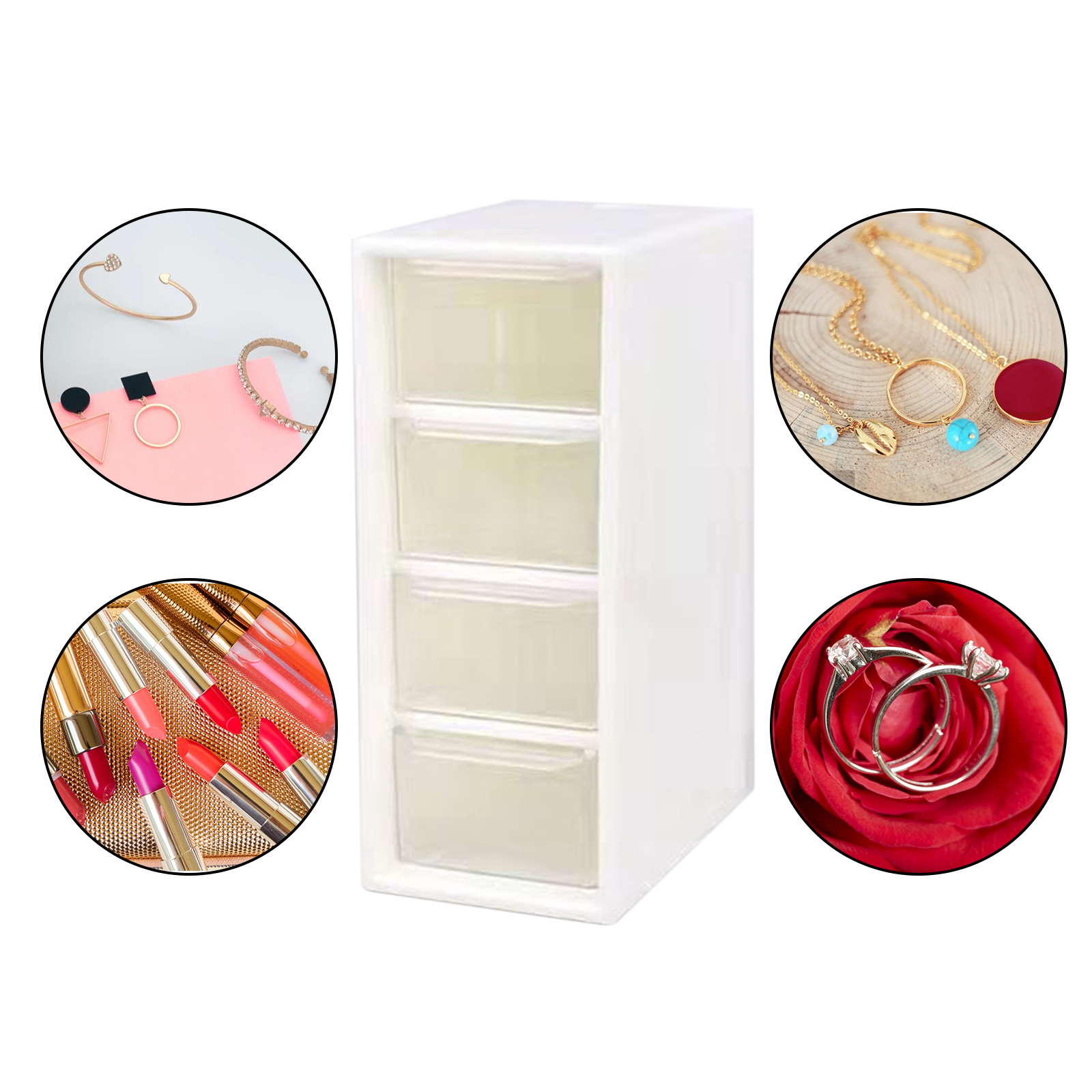 Organizador de escritorio blanco para niñas, caja de almacenamiento de 4 cajones, cosméticos, joyas, pinzas para el pelo, cuentas, maquillaje
