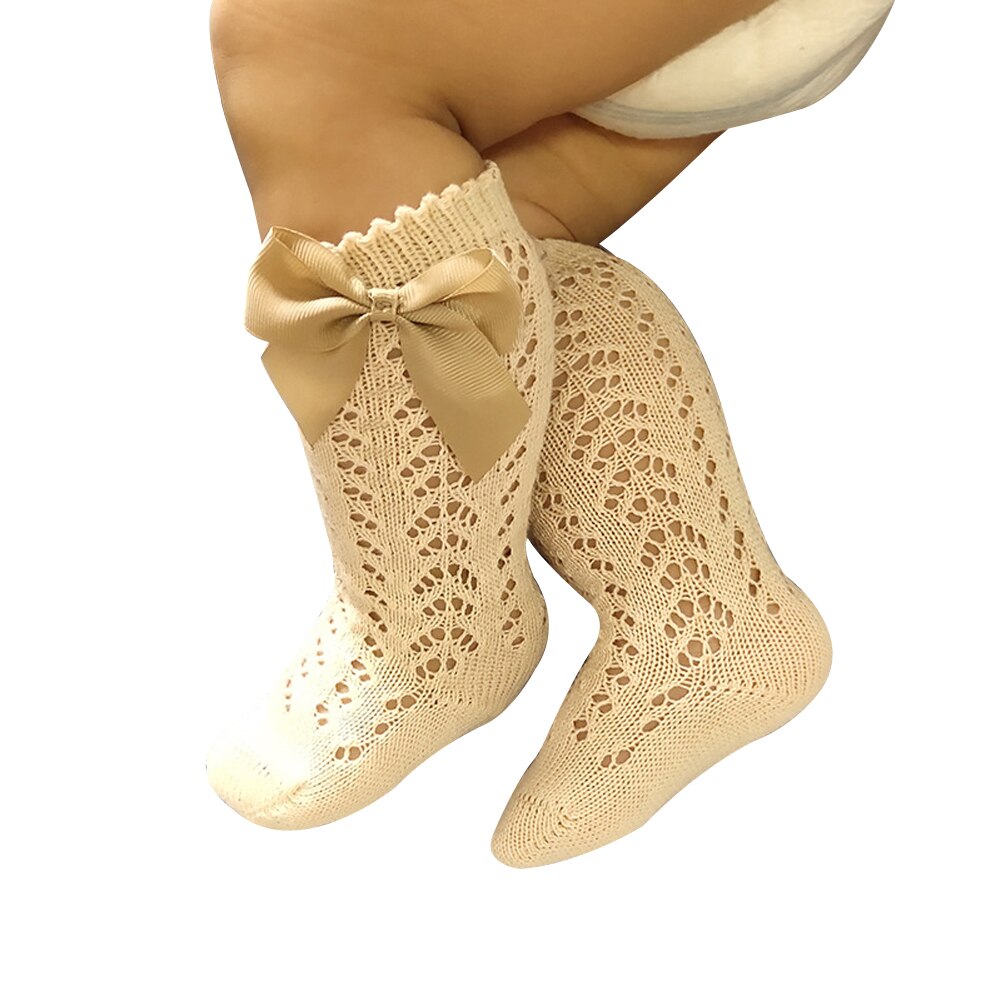 Baby pige ensfarvet knæhøje sokker åndbart skridt udhulet rørstrømper med sød sløjfe til spædbørn småbørn