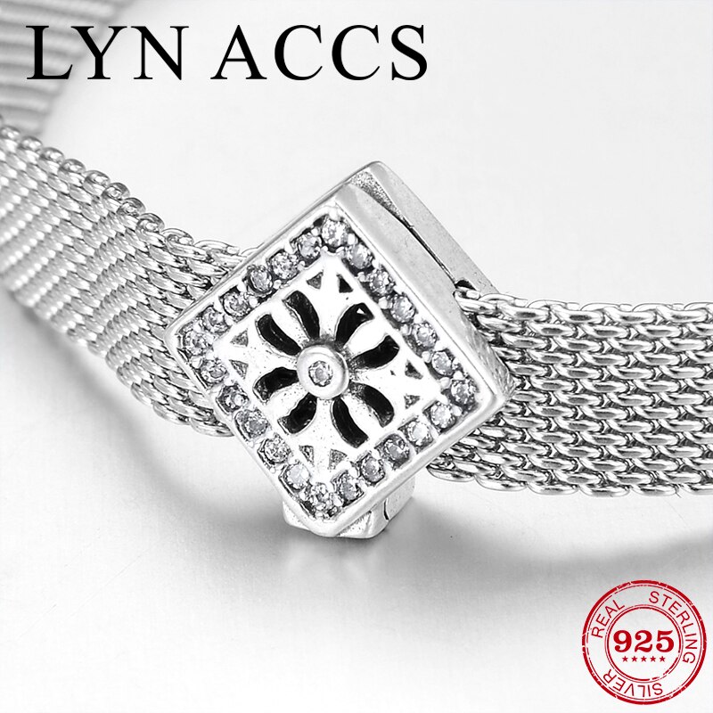925 Sterling Silver openwork flower Clear Zircon Square Clips beads Jewelry making Fit Original reflection Charm Clip Bracelet