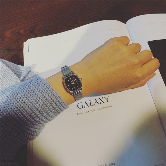 Square Dial Ladies Wristwatches Simple Silver Mesh Strap Women Watches Casual Small Female Quartz Watch Woman Clock: Black