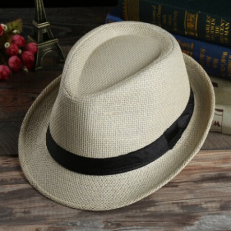 Unisex kvinner menn sommer casual trendy beach sun straw panama jazz hat cowboy fedora hat gangster cap: Beige