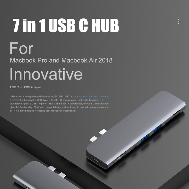 Usb 3.1 typ-c hubb till hdmi-adapter 4k thunderbolt 3 usb c-hub med hubb 3.0 tf sd-läsarplats pd för macbook pro/air -