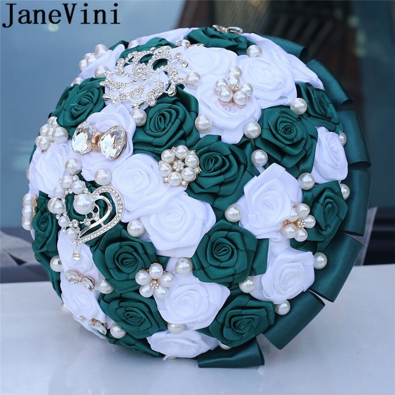 JaneVini – Bouquet de fleurs de mariage, Vintage, vert foncé, perle, ruban de Rose en Satin blanc, cristal, pour les mariées,