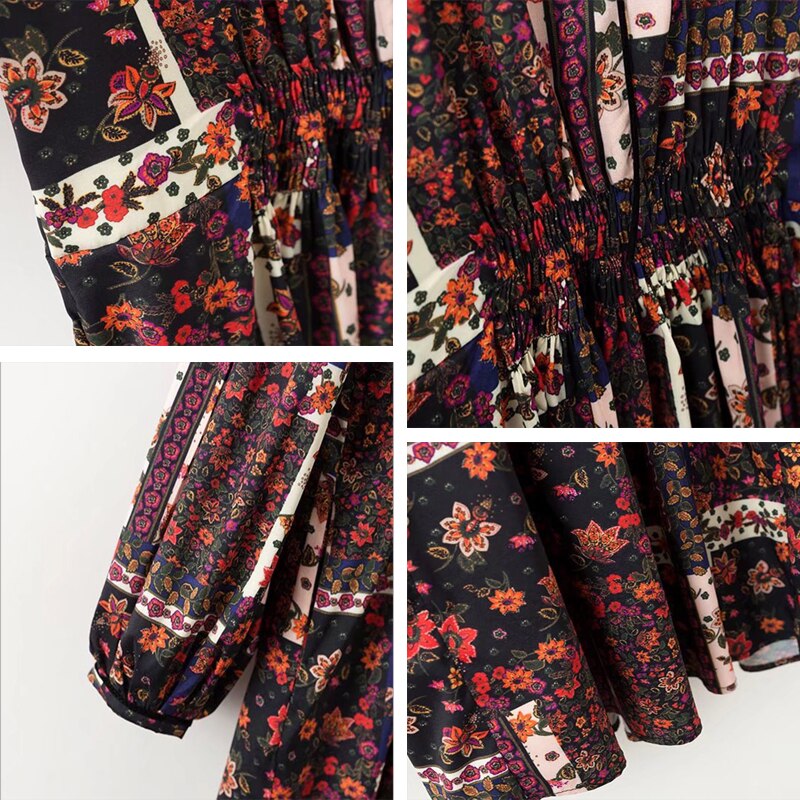 Bella philosophie bohème hiver mini robe imprimer empire robe lâche robe de à manches longues col rond femmes robe de
