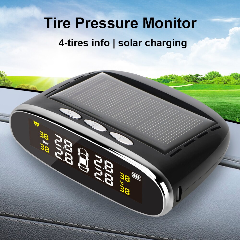 Car Tire Pressure Alarm Monitor System Temperature Alert Solar Power TPMS USB Solar Charging With 4 Internal/External Sensor