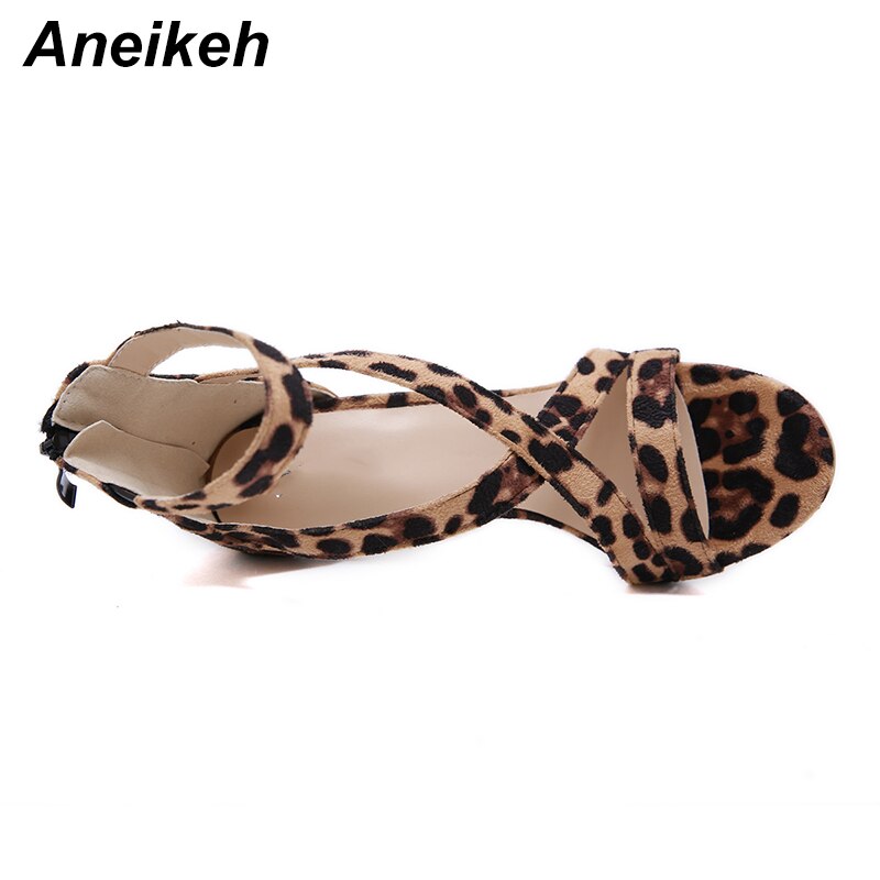 Aneikeh Dames Sandalen Mode Sexy Bruin Luipaard Vis Mond Open Teen Gesp Met Kruis Bandjes Hoge Hak Sandalen pompen