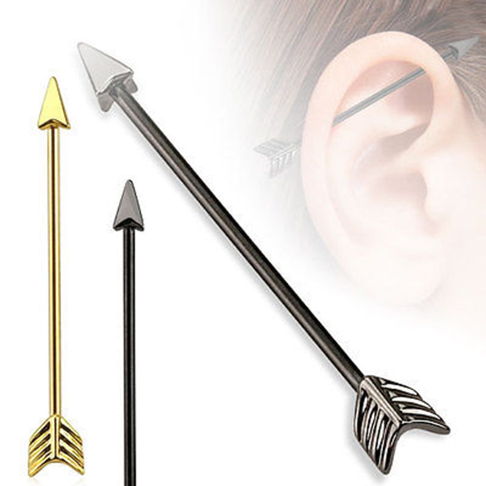 1pc Black gold Silver Stainless Steel Industrial Piercing Ear Cartilage Stud Earring body Arrow Ear Piercings Barbell Jewelry